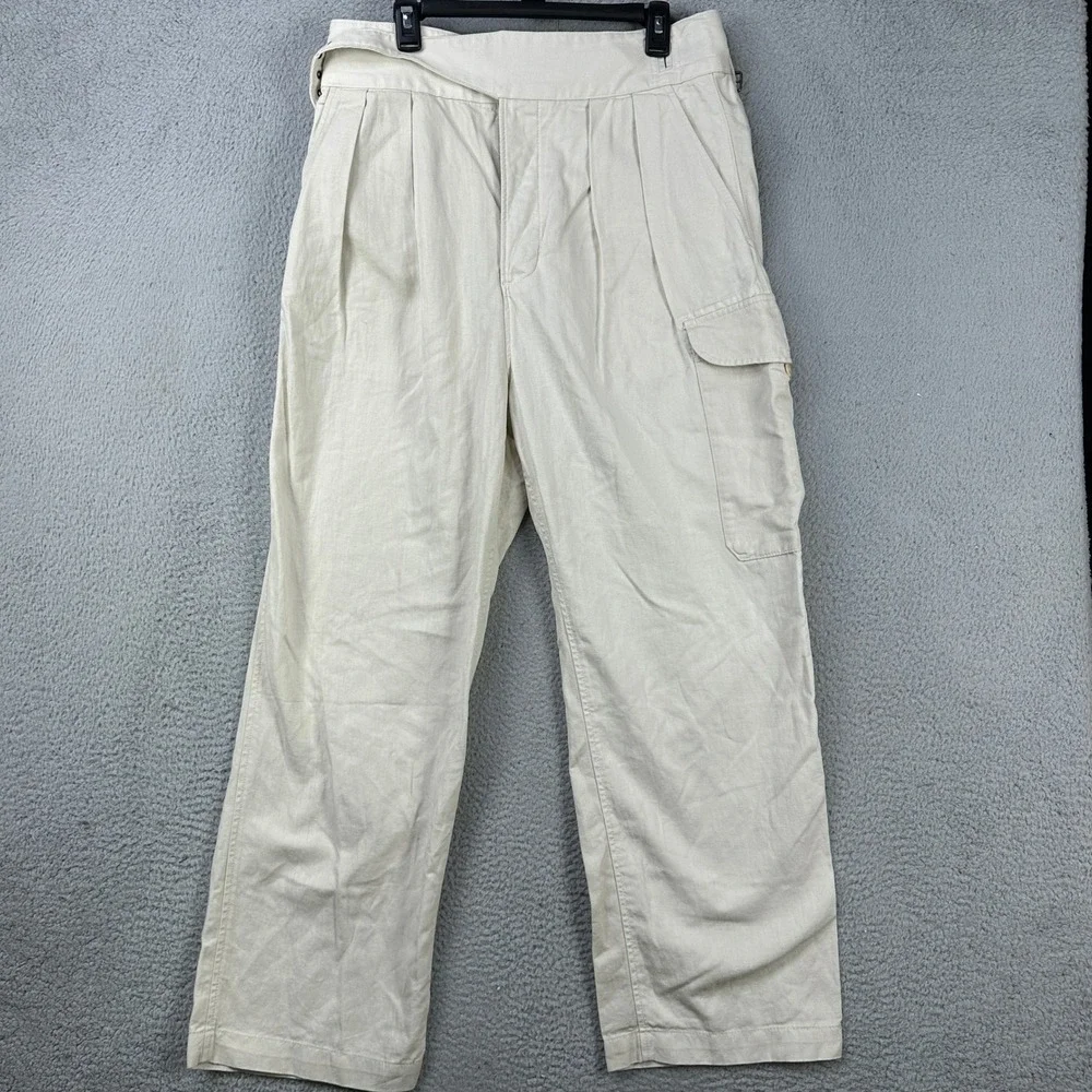 Banana Republic Womens Baggy Cargo Pants 12 Petite Cream Belted Linen Blend NEW